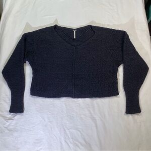 Free People Popcorn Sweater Women XS Black Crop Relaxed Fit V Neck Pullover